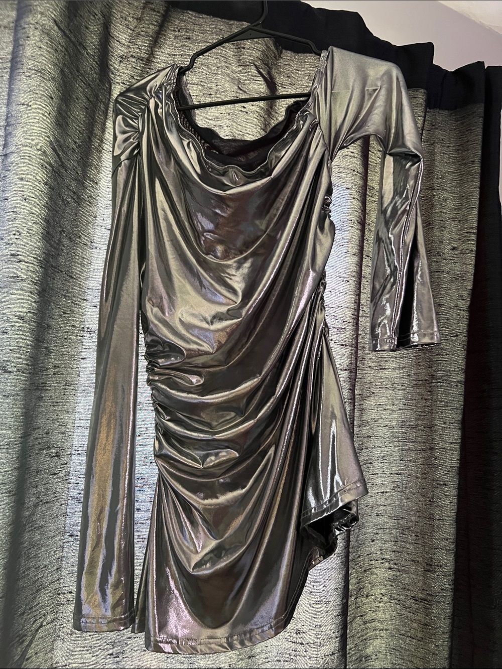 SHEIN Metallic Silver Asymmetrical Ruched Long-Sleeve Dress